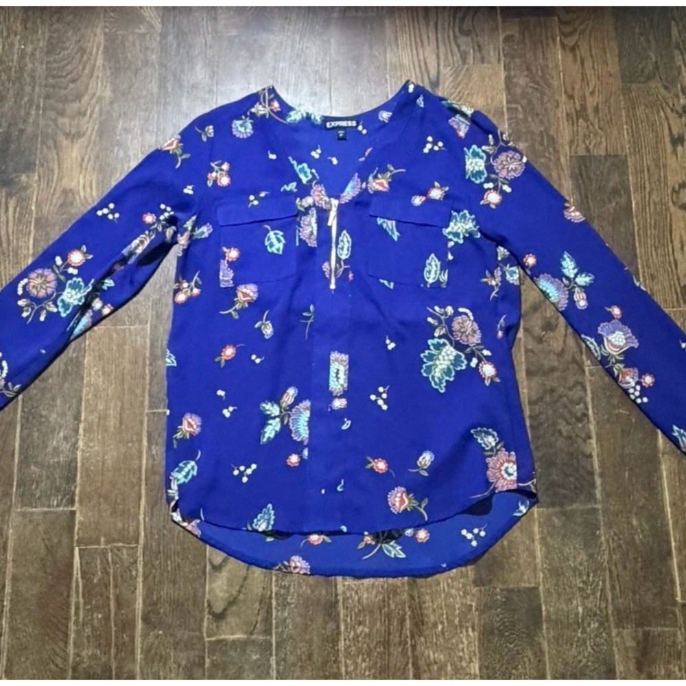 Express Women's Long Sleeve Blouse, Size Small Petite Royal Blue, Floral Print